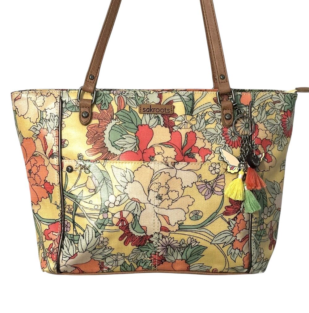 Sakroots Artists Circle Medium Tote Sunlight Flower Power Yellow Floral Boho Bag